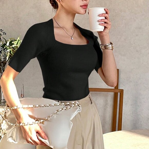 Black Casual Women's Fitted Transformable Square Neck Knit Top - Picture 5 of 5